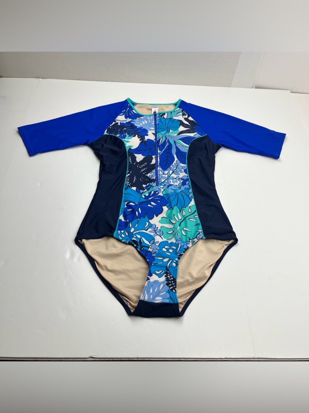 Coolibar Blue Tropical Print Half Sleeve One-Piece Swimsuit Women Medium UPF 50+